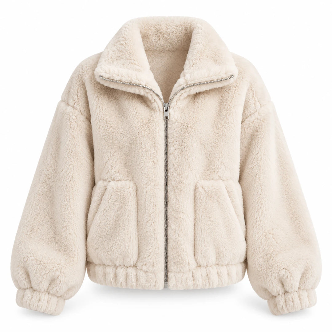 Beige plush jacket on white background with a stand collar, metal front zipper, long sleeves, gathered hem and patch pockets.
