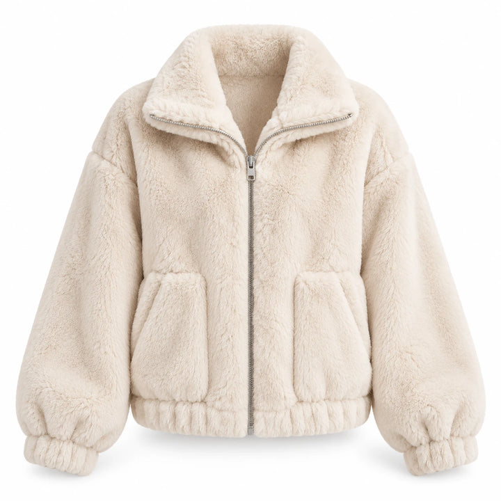 Beige plush jacket on white background with a stand collar, metal front zipper, long sleeves, gathered hem and patch pockets.