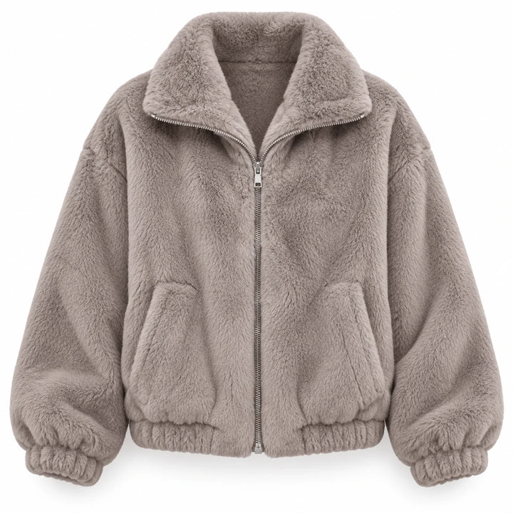 Gray plush zip up jacket on a white background, showing stand collar, front pockets, silver zipper and gathered sleeve cuffs.