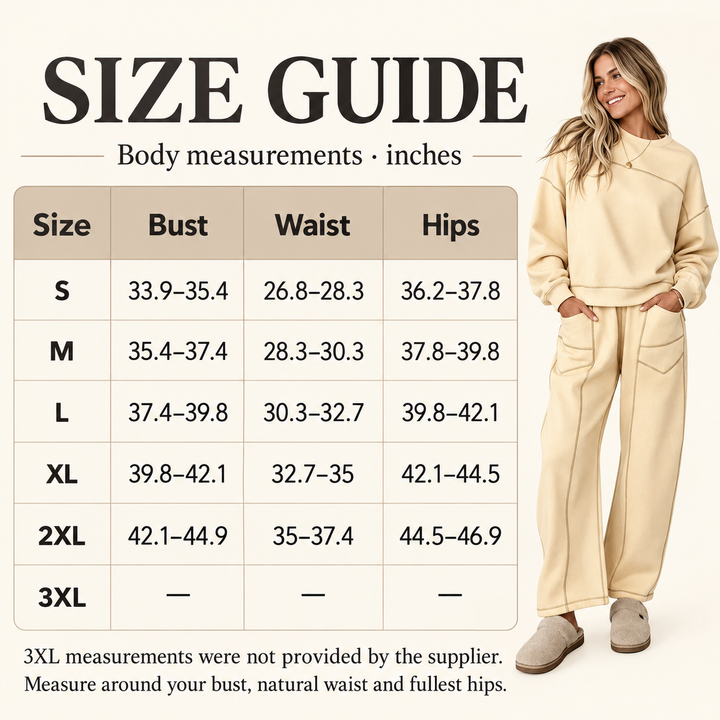 Sweatshirt set body size guide in inches for S to 2XL; supplier measurements for 3XL are unavailable