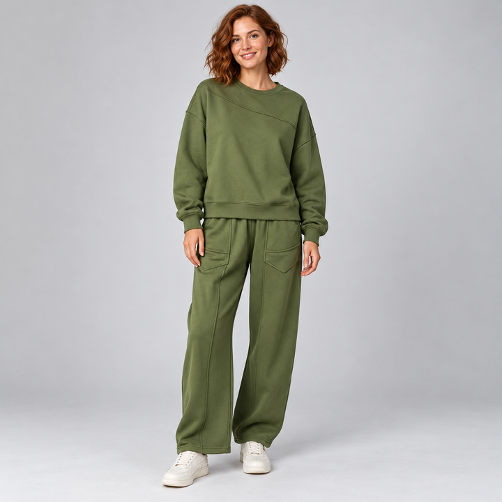 Olive green sweatshirt and wide-leg trouser set with front patch pockets on a full-length model