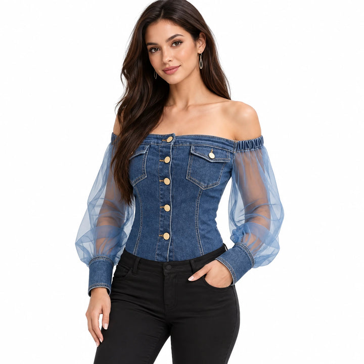 Three-quarter model view of the dark blue button-front top with sheer sleeves.