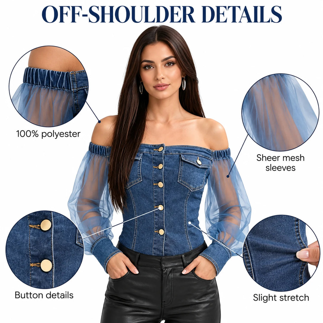Off shoulder top feature guide with sheer mesh sleeves, button details and verified polyester composition.