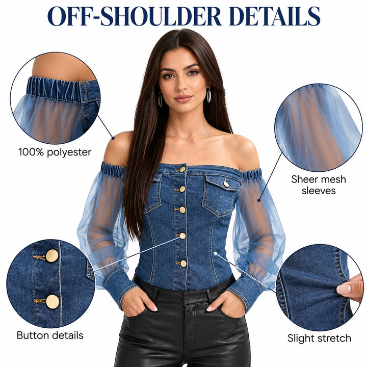Off shoulder top feature guide with sheer mesh sleeves, button details and verified polyester composition.