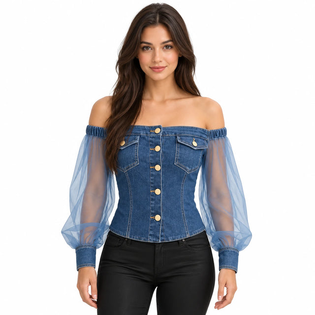 Women's Off Shoulder Sheer Mesh Sleeve Top with Buttons