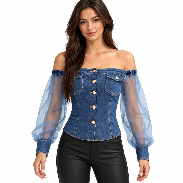 Dark blue off shoulder top with sheer sleeves and buttons, modeled against a white background.