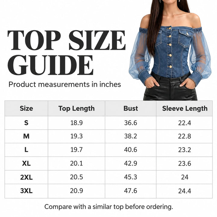 Top size chart in inches for S to 3XL with top length, bust and sleeve length measurements.
