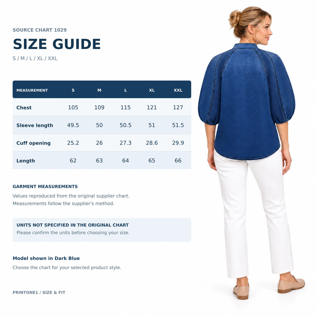 Size chart 1029 with S to XXL chest, sleeve, cuff and length values beside a Dark Blue model; source units are not specified.