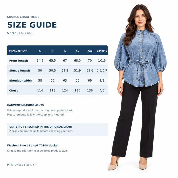 T0308 size chart with S to XXL length, sleeve, shoulder and chest values beside a belted Washed Blue model; units not stated.
