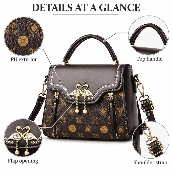 Small crossbody bag feature guide showing PU exterior, flap opening, handle and shoulder strap.