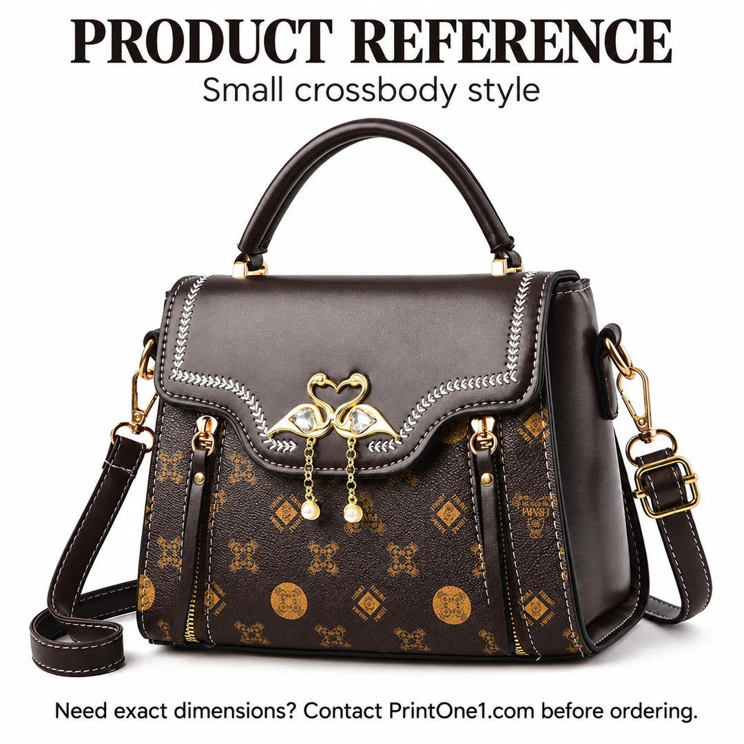 Brown crossbody bag product reference with a note to confirm exact dimensions before ordering.