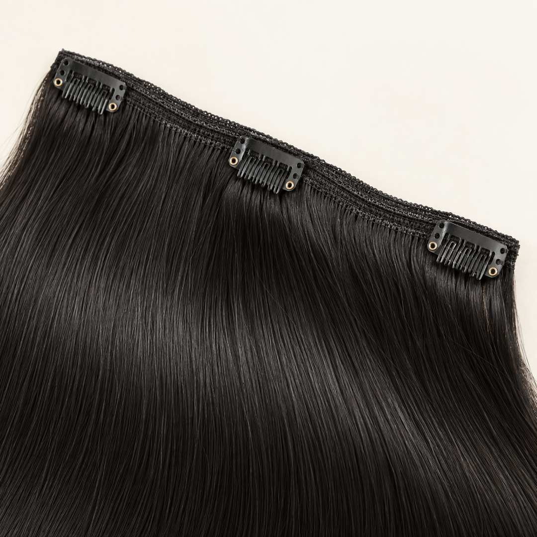 Close-up of black clip-in hair extension attachment — AI-generated styling illustration