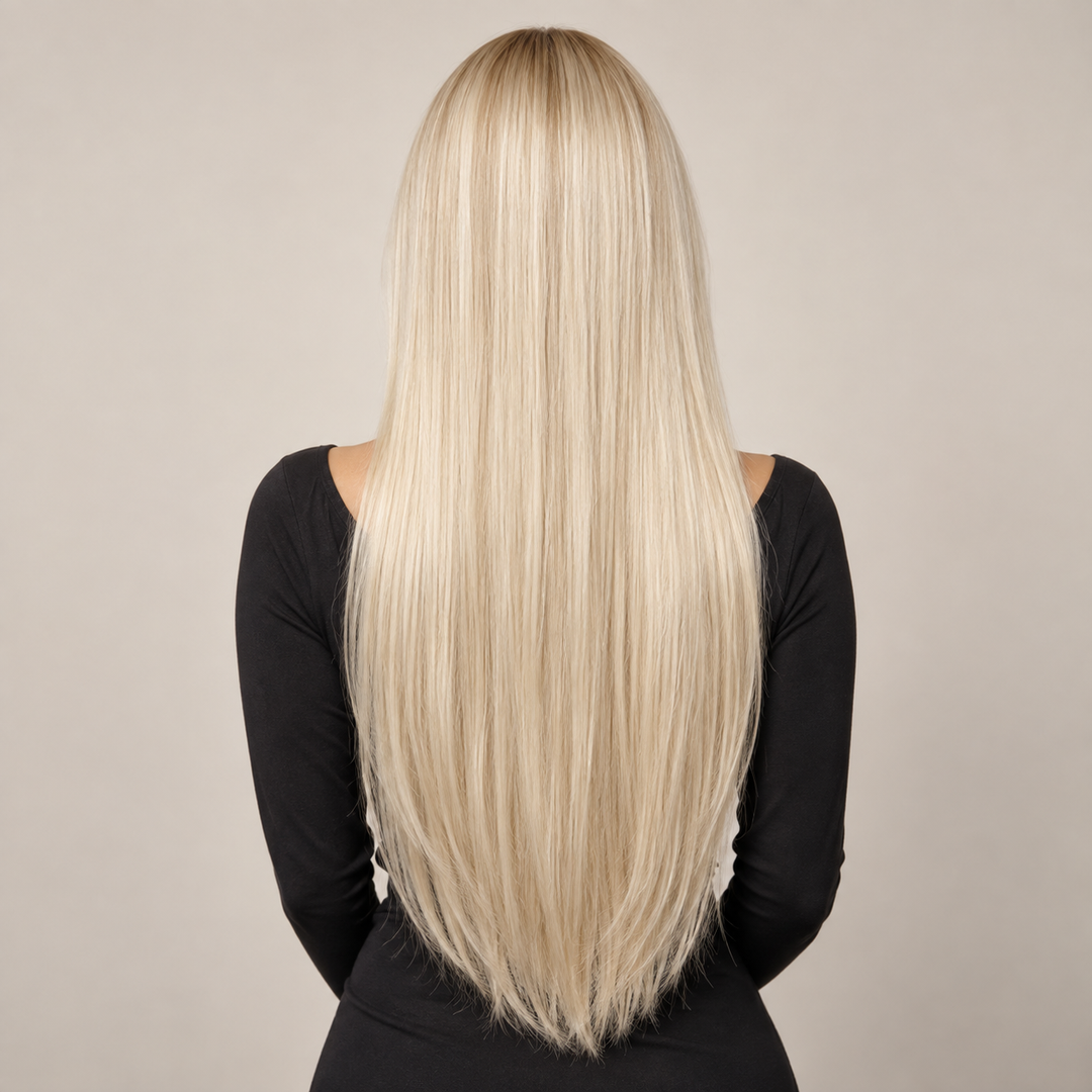 Long straight platinum blonde hairstyle, rear view — AI-generated styling illustration