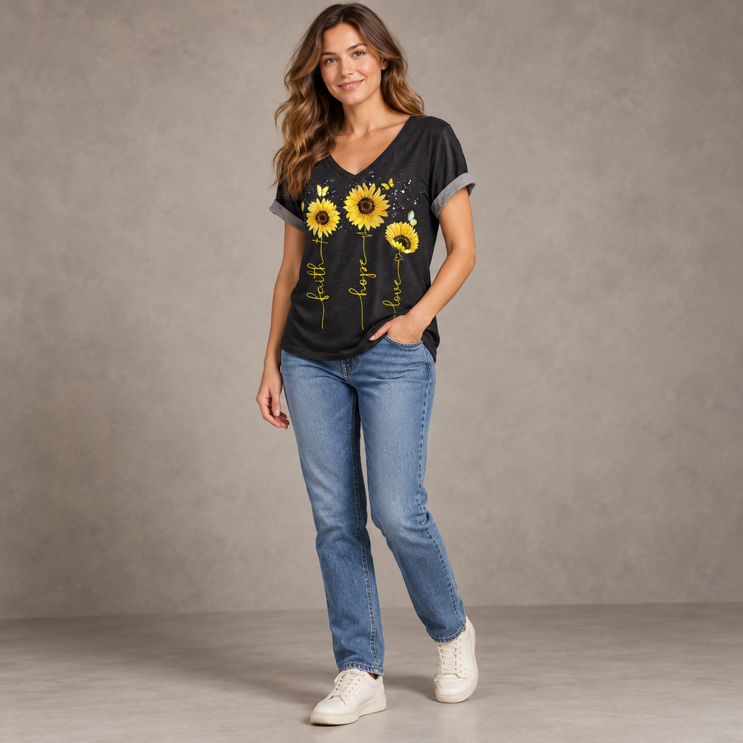Three-quarter front view of the black sunflower V-neck T-shirt on a full-length model