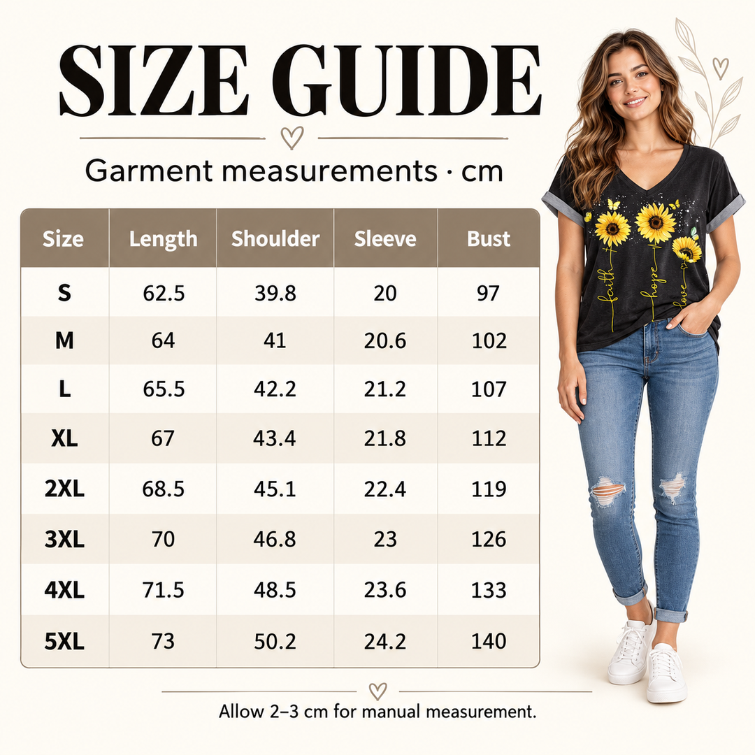 Sunflower T-shirt garment measurements in cm for S to 5XL, with a model beside the table