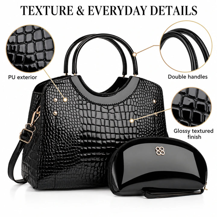 Black PU handbag feature guide showing double handles and a glossy textured finish.