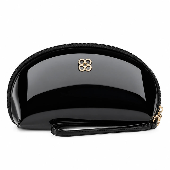 Black matching pouch with curved shape, small emblem and wrist strap.
