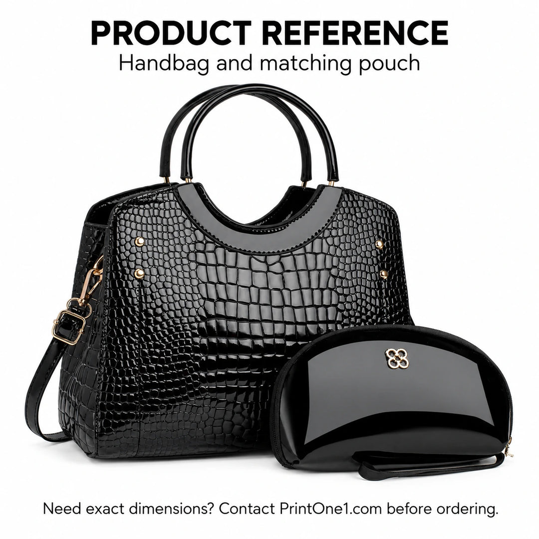 Black handbag and pouch product reference with a note to confirm exact dimensions.