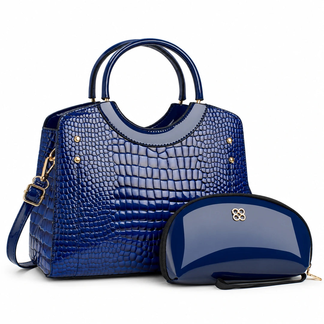 Blue textured handbag with double handles and matching pouch on a white background.