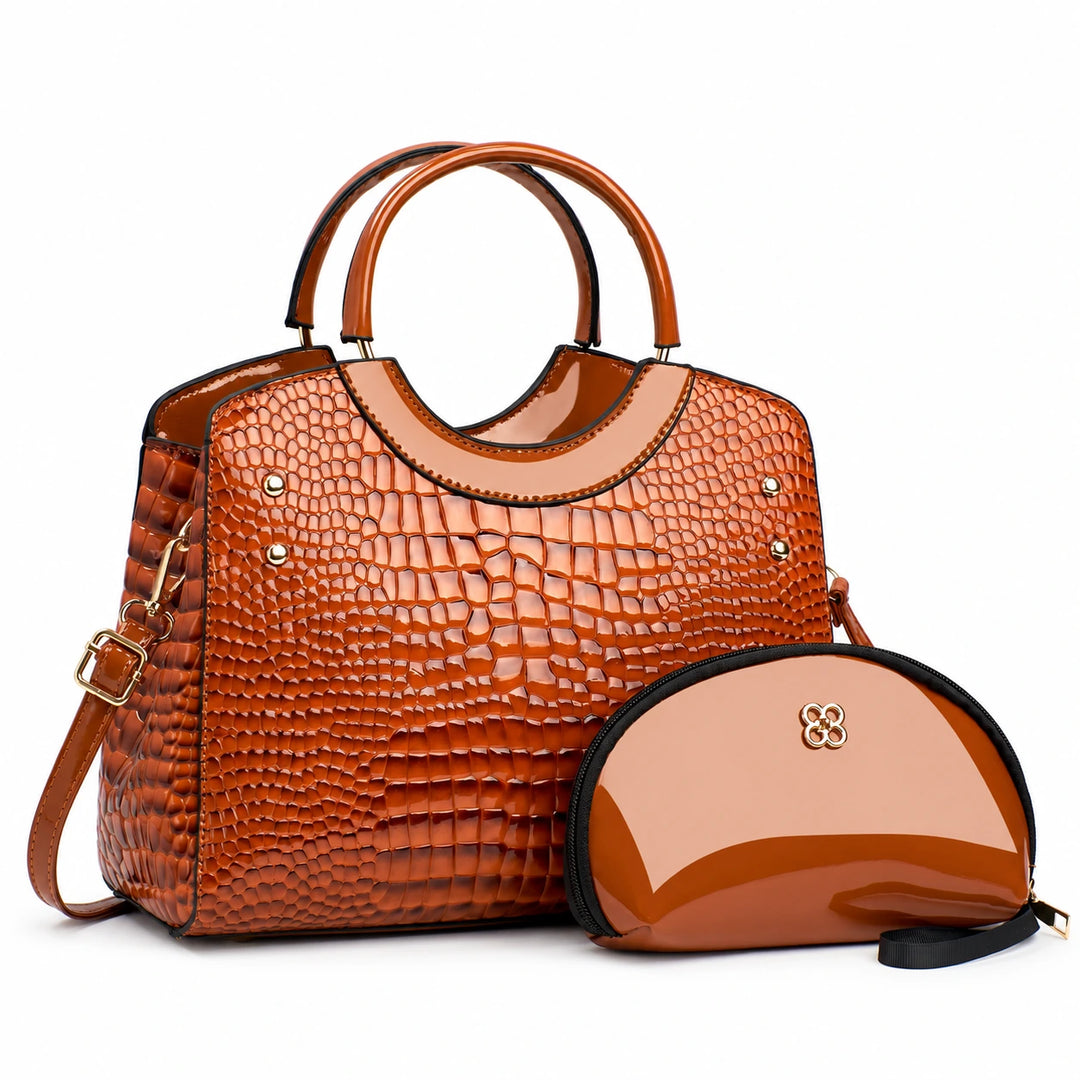 Earth Yellow textured handbag with double handles and matching pouch on a white background.