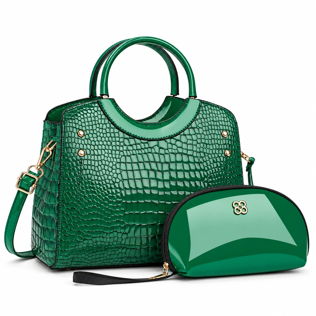 Green textured handbag with double handles and matching pouch on a white background.