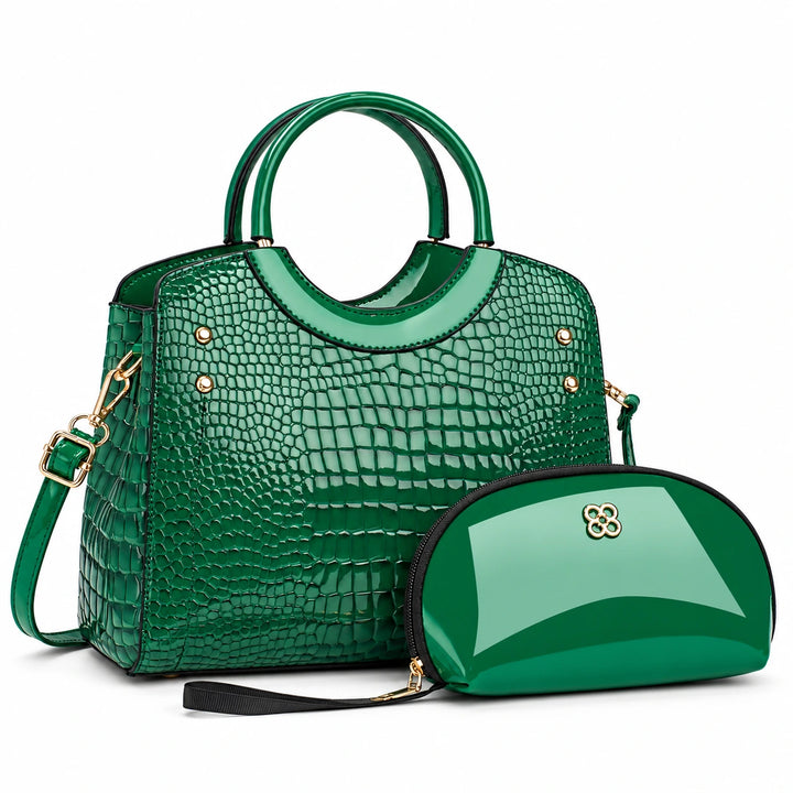 Green textured handbag with double handles and matching pouch on a white background.