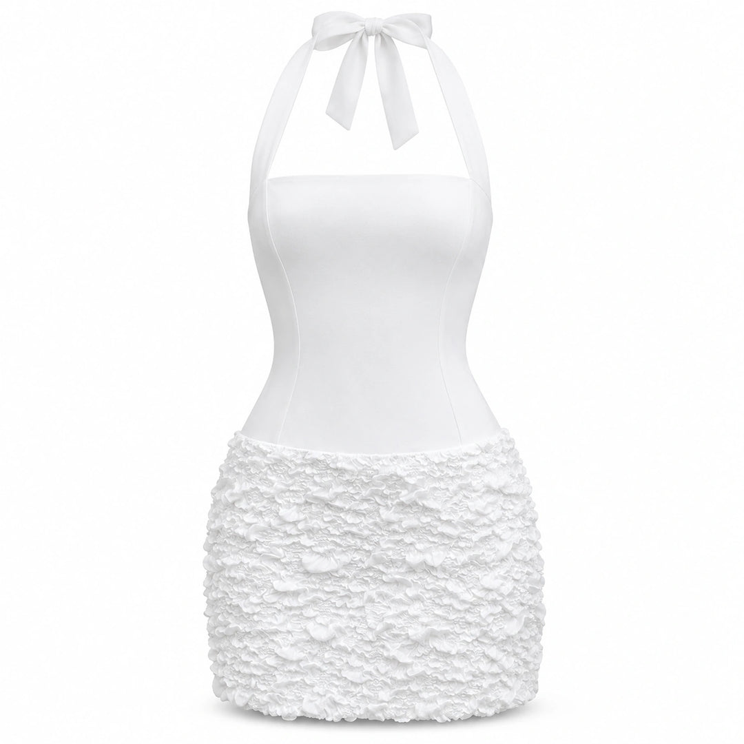 White halter mini dress with a smooth fitted bodice and textured skirt on a white background.