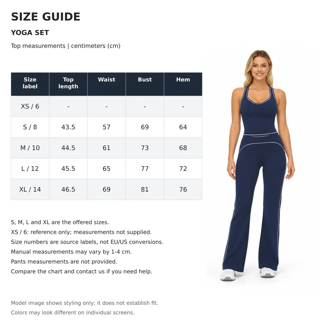 Yoga set top size chart in centimeters beside a Navy Blue model retaining XS to XL source labels and all listed measurements.