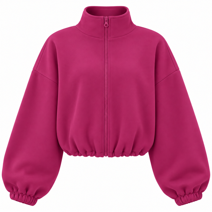 Purple cropped jacket front shown close up highlighting the tall stand collar, matching central zipper and dropped shoulders.