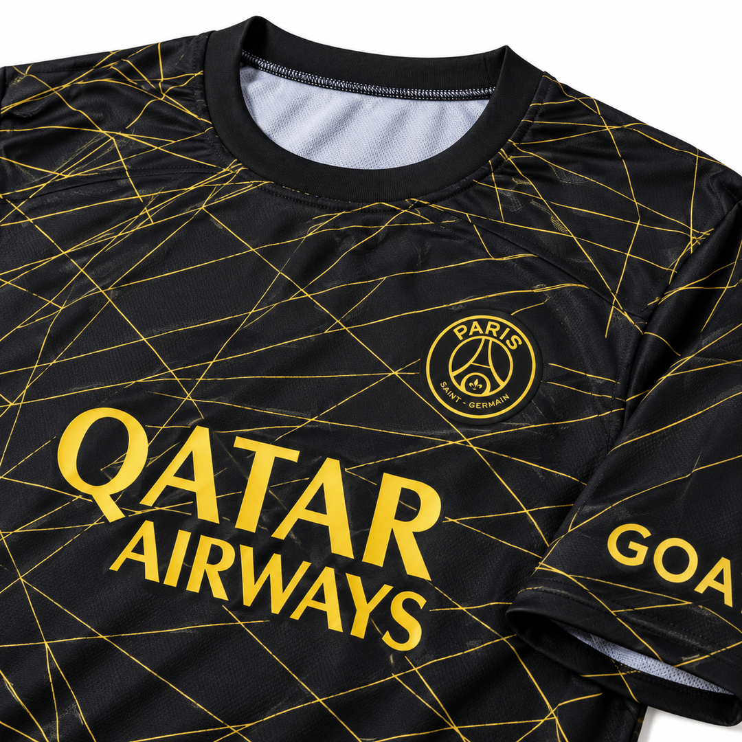 Black gold fan tee collar chest and sleeve detail