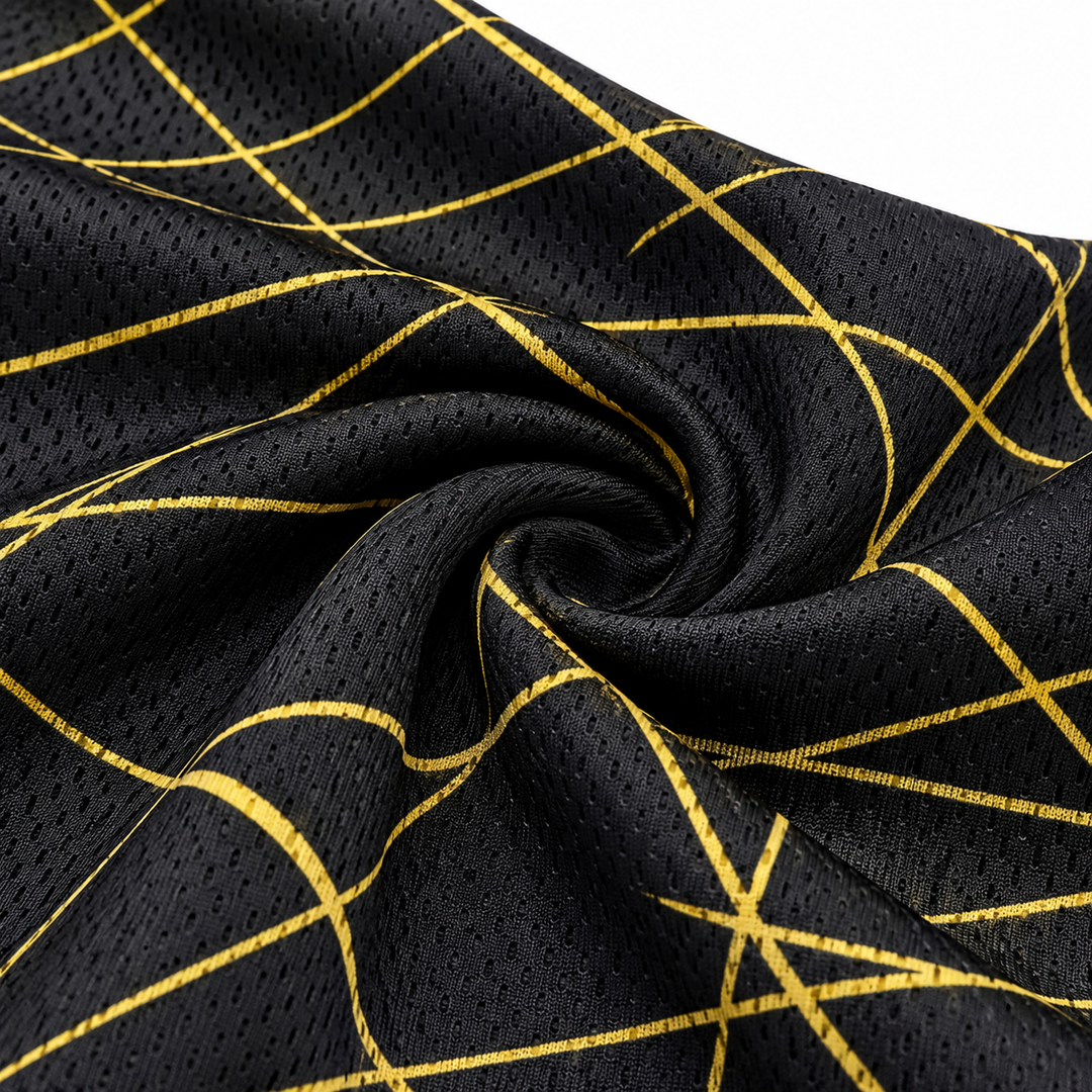 Black gold fan tee fabric texture and print detail