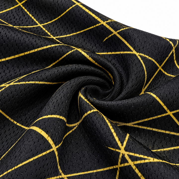 Black gold fan tee fabric texture and print detail