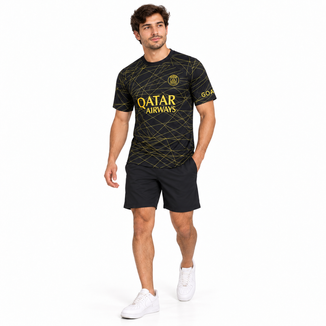 PSG Neymar black gold fan tee on male model in natural pose
