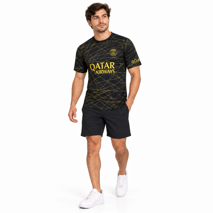 PSG Neymar black gold fan tee on male model in natural pose