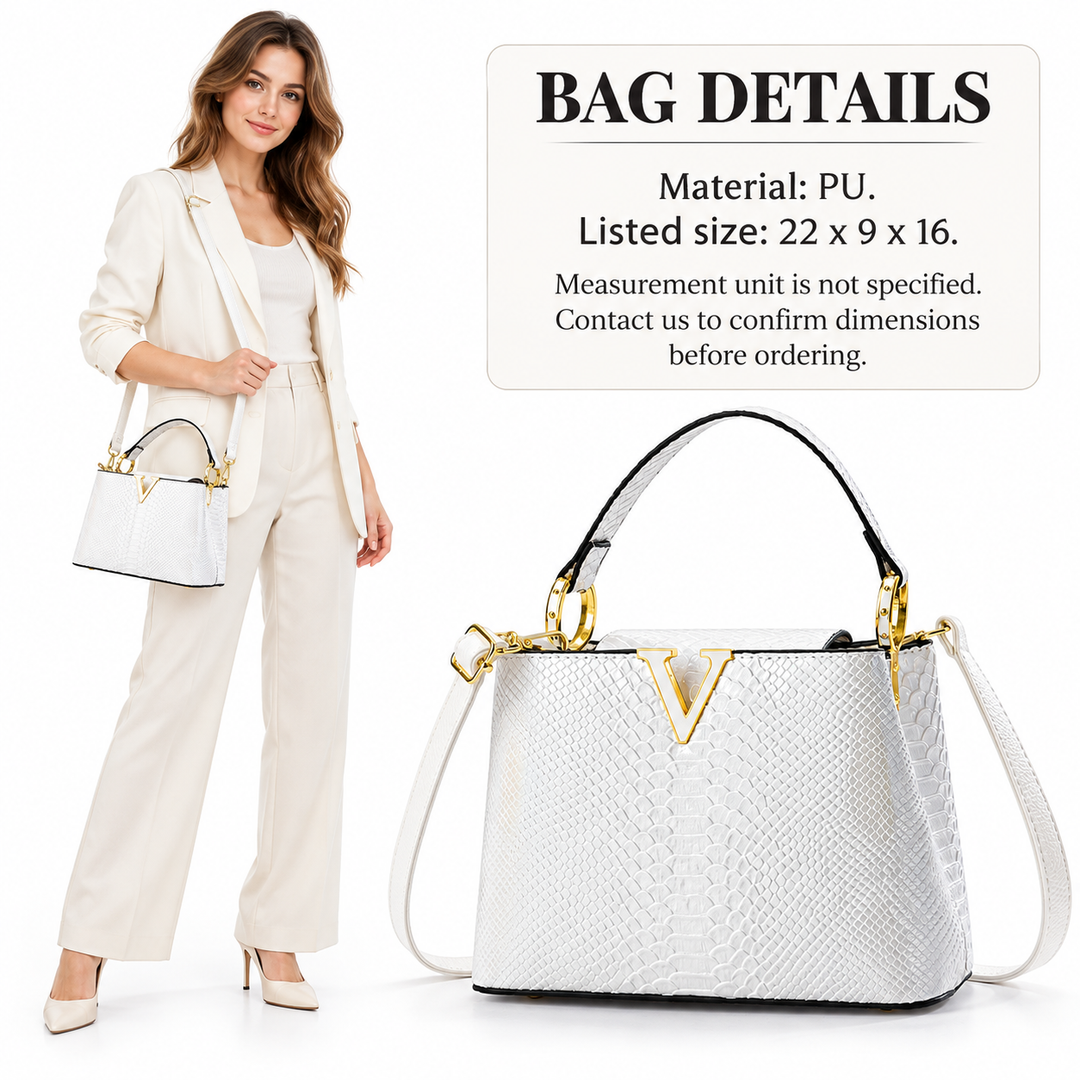 Buyer guide with a model and white PU purse showing size 22 x 9 x 16 and advising confirmation of the unspecified size units.
