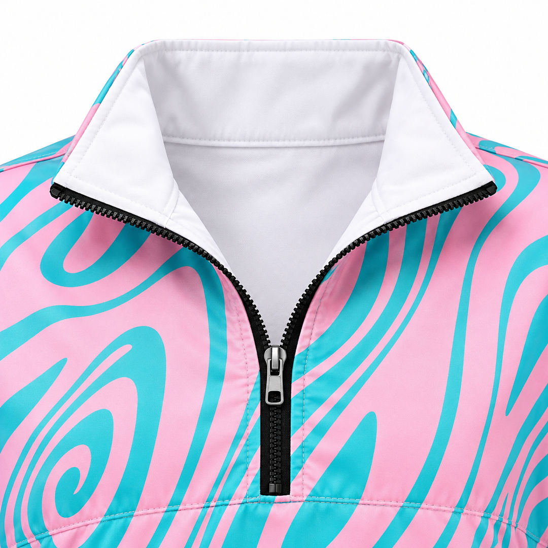 Close-up of pink and cyan swirl jacket showing the black half zipper, wide white stand collar facing and printed front panel.