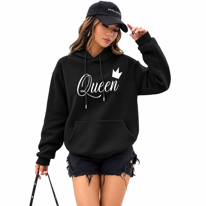 Front detail of black Queen lettering and white crown print on hoodie