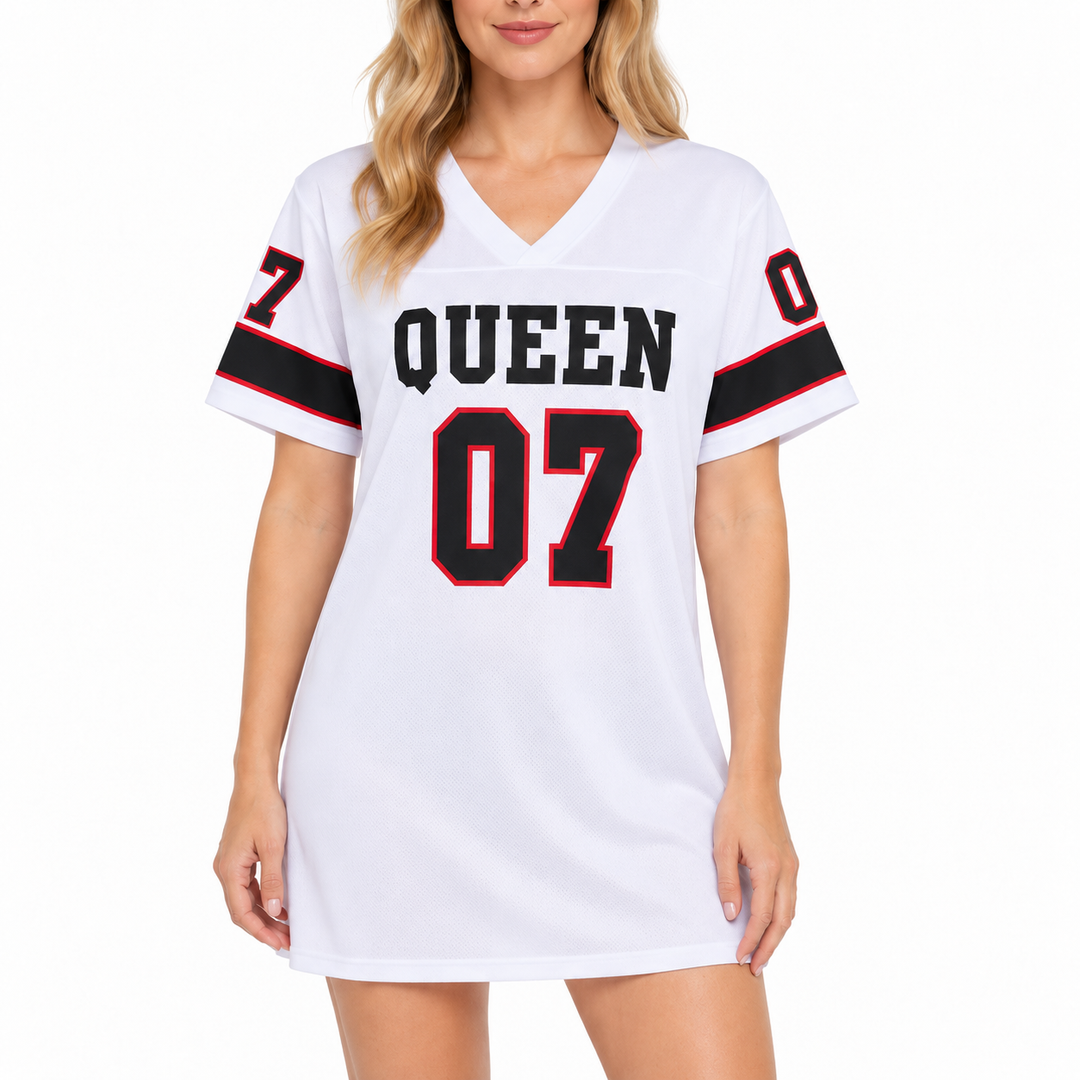 Close-up of white graphic t shirt dress showing V-neck, QUEEN 07 print and striped sleeves