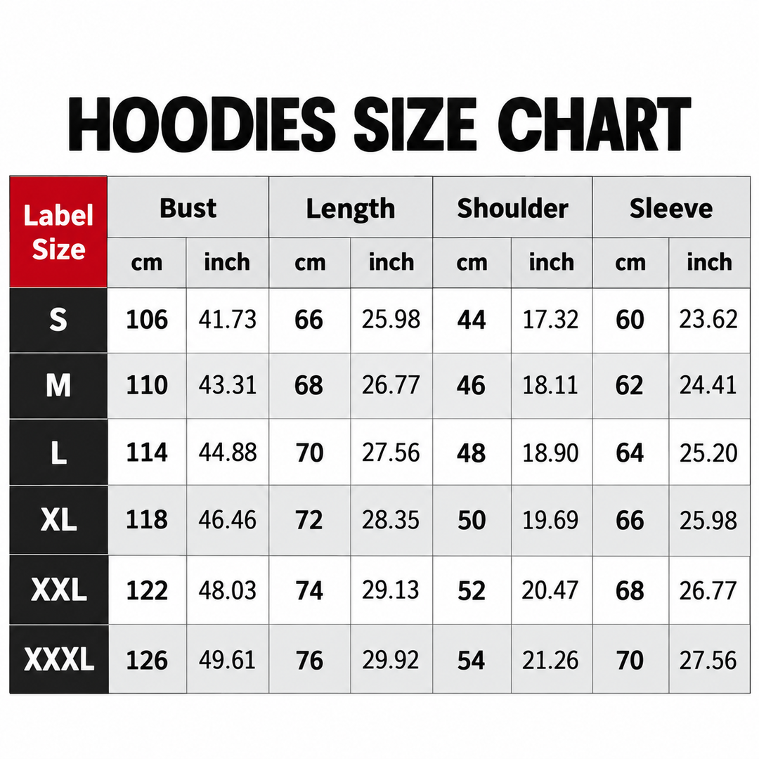 Queen hoodie size measurements in centimeters and inches S to XXXL