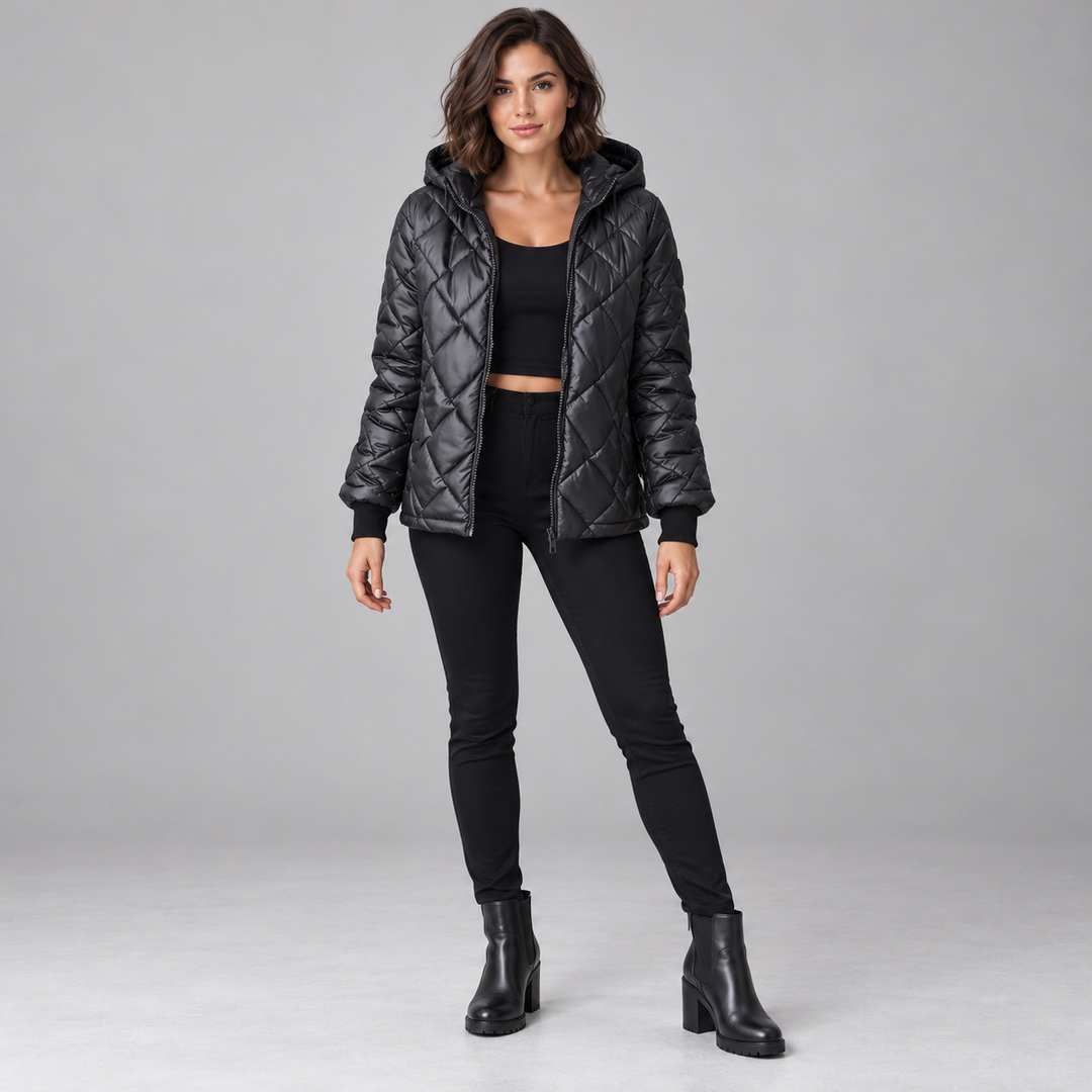 Full-body model wearing a black diamond-quilted hooded jacket.