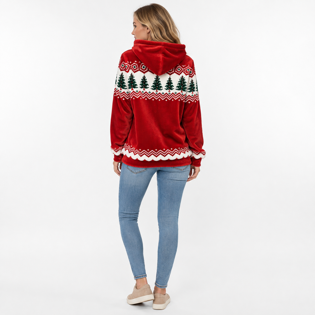 Red Christmas cat hoodie - back model view with festive winter pattern