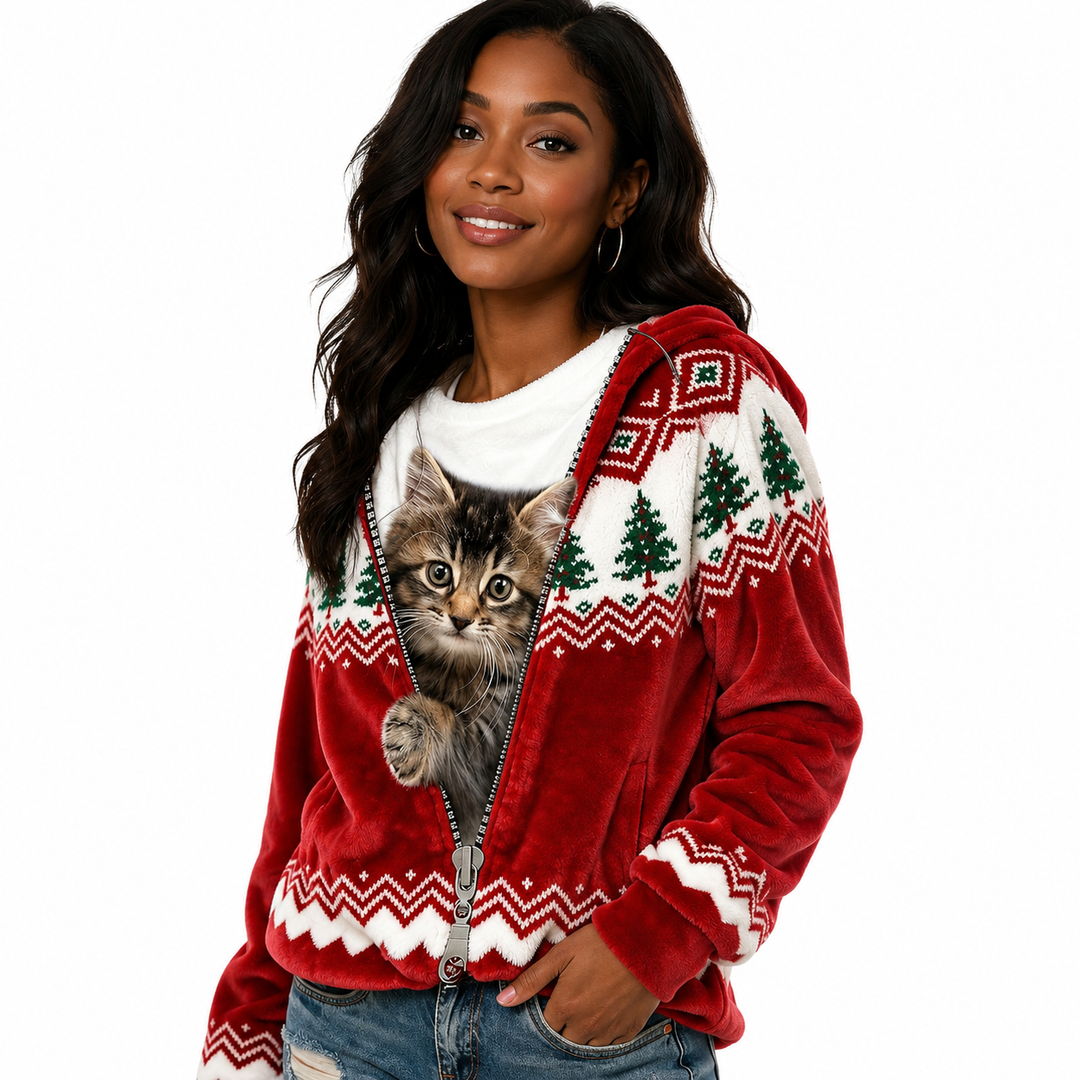 Red Christmas cat hoodie - three-quarter model view with kitten design