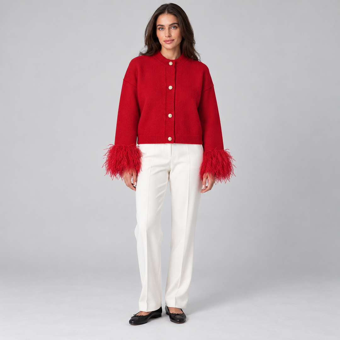 Full-body front view of the red feather-cuff cardigan with four gold-tone buttons