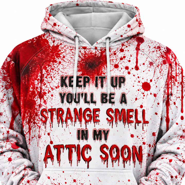 White red print slogan hoodie close-up with stitching detail