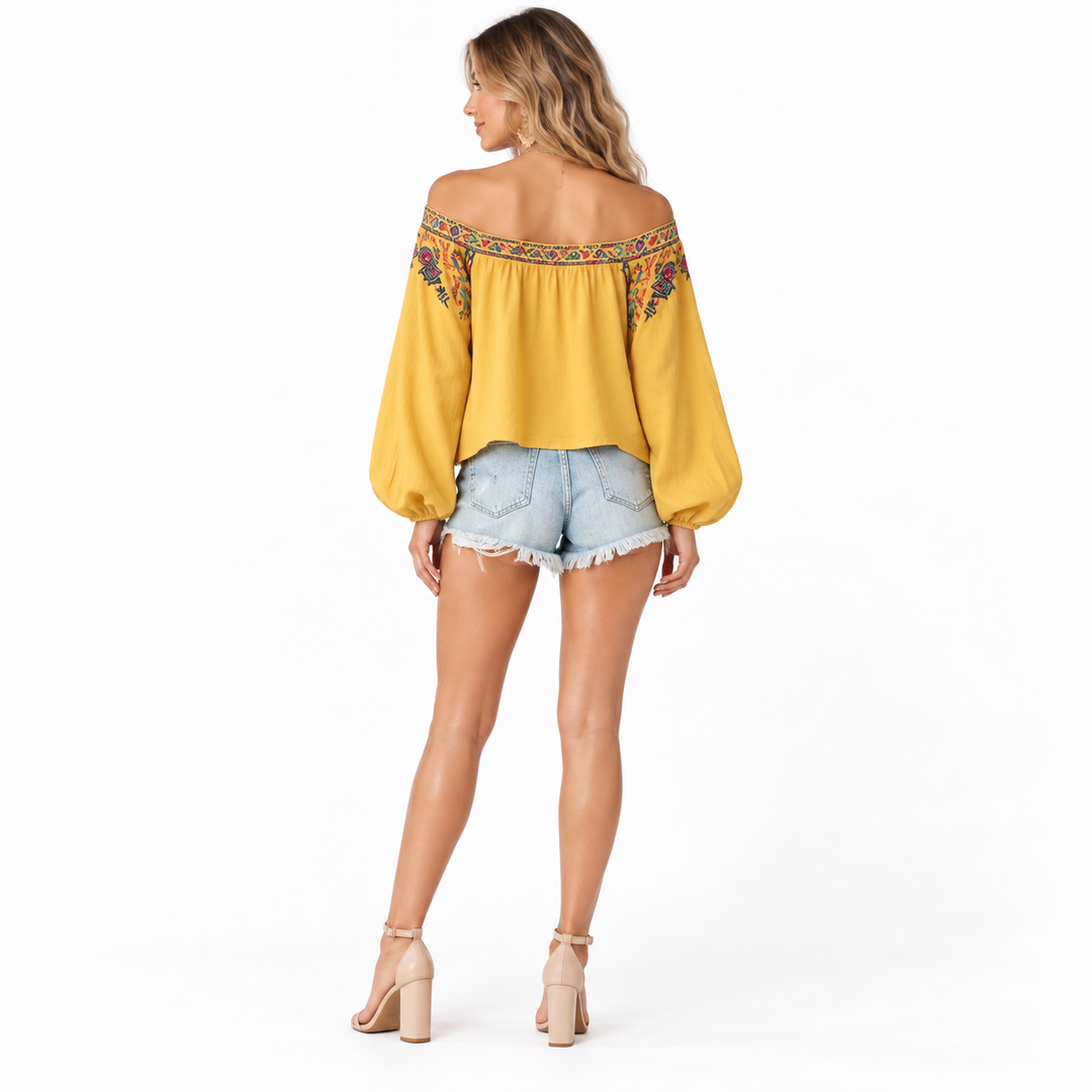 Yellow off shoulder blouse full-body back view