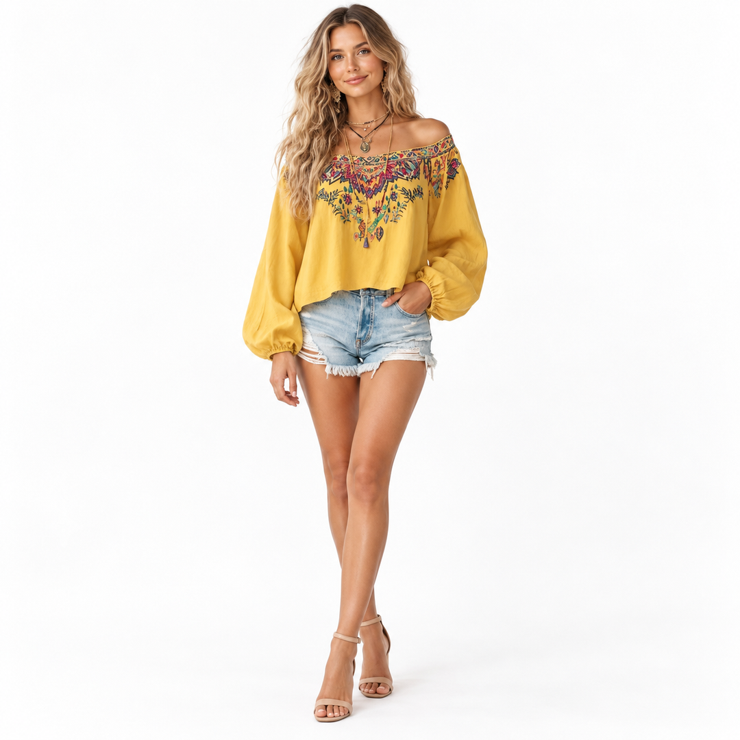 Boho off shoulder top in Yellow, full-body front view