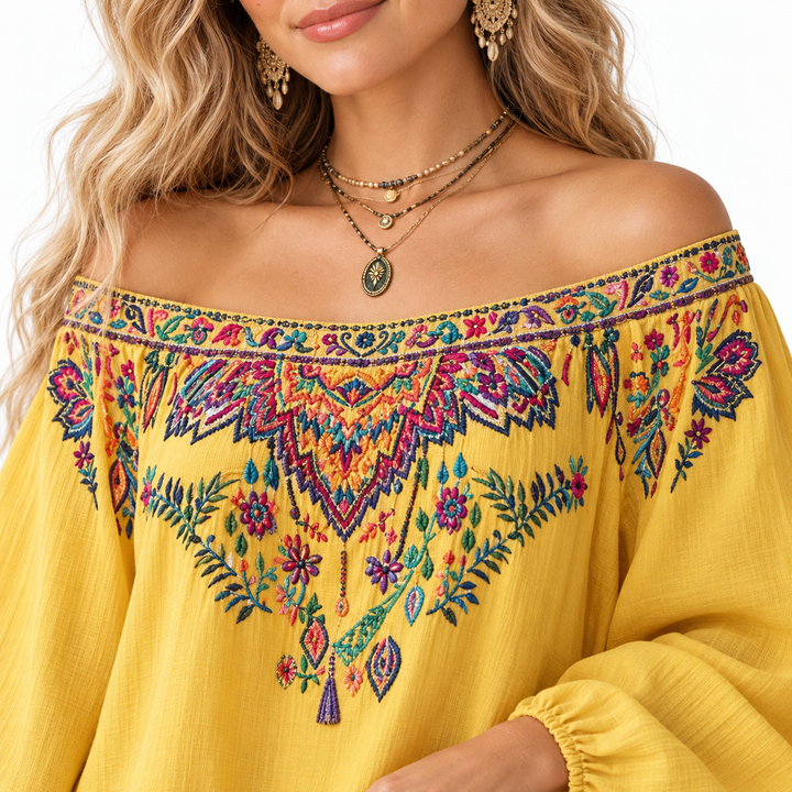 Yellow embroidered neckline close-up
