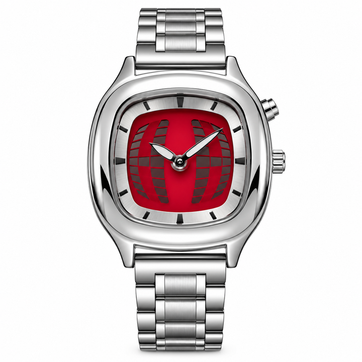 Retro quartz watch red dial front view