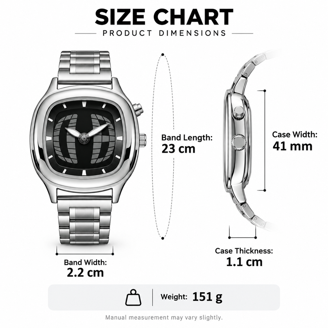 Retro quartz watch size chart with product dimensions