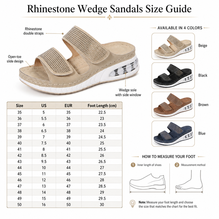 Rhinestone wedge sandals size guide with Beige, Black, Brown and Dark Blue options, measurement chart and product details.